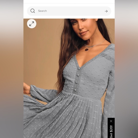 Lulus Size XS Poetic Love Dusty Blue Swiss Dot Long Sleeve Pleated Mini Dress - Picture 3 of 8